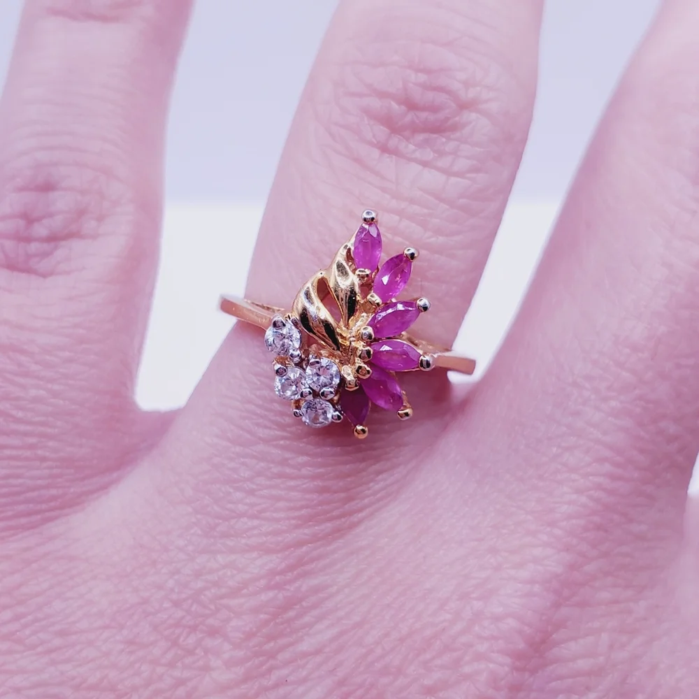 Genuine Marquise Pink Ruby - Simulated Diamonds - 18k Yellow Gold Plated Ring